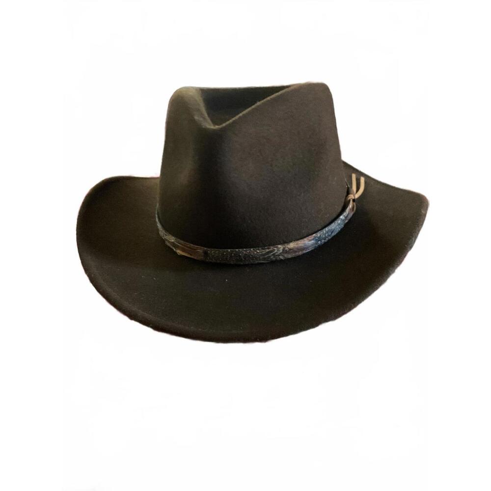 Scala Dorfman Classic Brown Felt Cowboy Hat/Decorative Feather/Leather Large